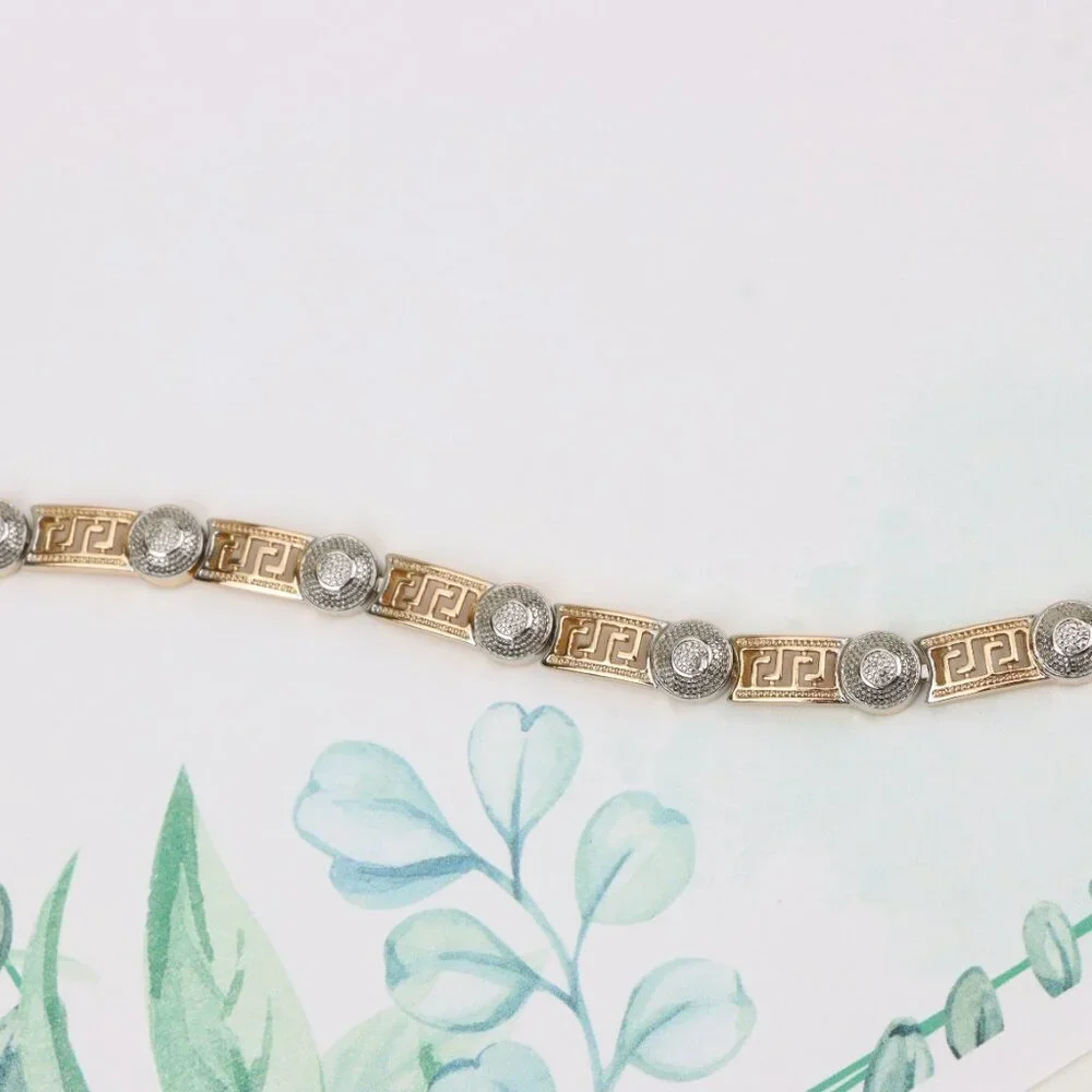 "Greek Key Rose Gold Bracelet with Silver Disc Accents, XPBL0792 - Picture 3 of 12